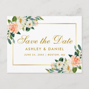 Watercolor Coral Floral Gold Save the Date Announcement Postcard