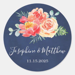Watercolor Coral Floral Greenery Navy Wedding Classic Round Sticker