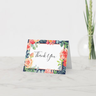 Watercolor Coral Floral Greenery Navy Wedding Thank You Card