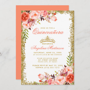 Watercolor Coral Floral Quinceanera Gold Glitter Invitation