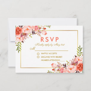 Watercolor Coral Floral RSVP Wedding Gold Card