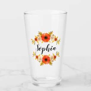 Watercolor Coral Floral Wreath Custom Name Glass