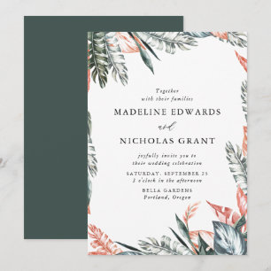Watercolor Coral & Green Tropical Leaves Wedding Invitation