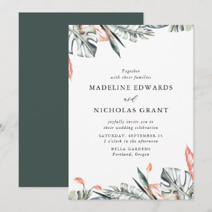 Watercolor Coral & Green Tropical Leaves Wedding Invitation