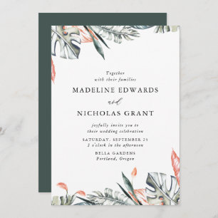 Watercolor Coral & Green Tropical Leaves Wedding Invitation