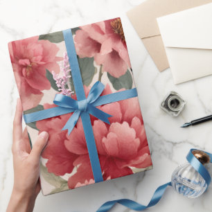 Watercolor Coral Peony Cream Floral Pattern Wrapping Paper