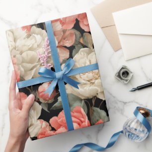 Watercolor Coral Peony Cream Floral Pattern Wrapping Paper