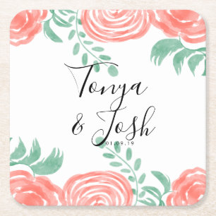 Watercolor Coral Peony Modern Wedding Square Paper Coaster