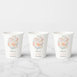 Watercolor Coral Pink Floral Garden Bridal Shower Paper Cups