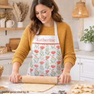 Watercolor Coral Pink Poppy Floral  Apron