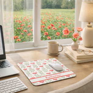 Watercolor Coral Pink Poppy Floral Mouse Pad