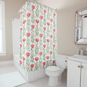 Watercolor Coral Pink Poppy Floral Shower Curtain