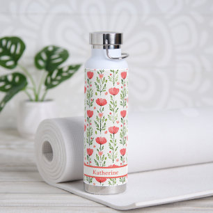 Watercolor Coral Pink Poppy Floral Water Bottle