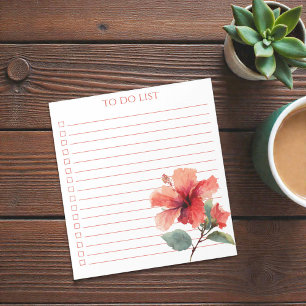 Watercolor Coral Red Hibiscus To Do List Tropical  Notepad
