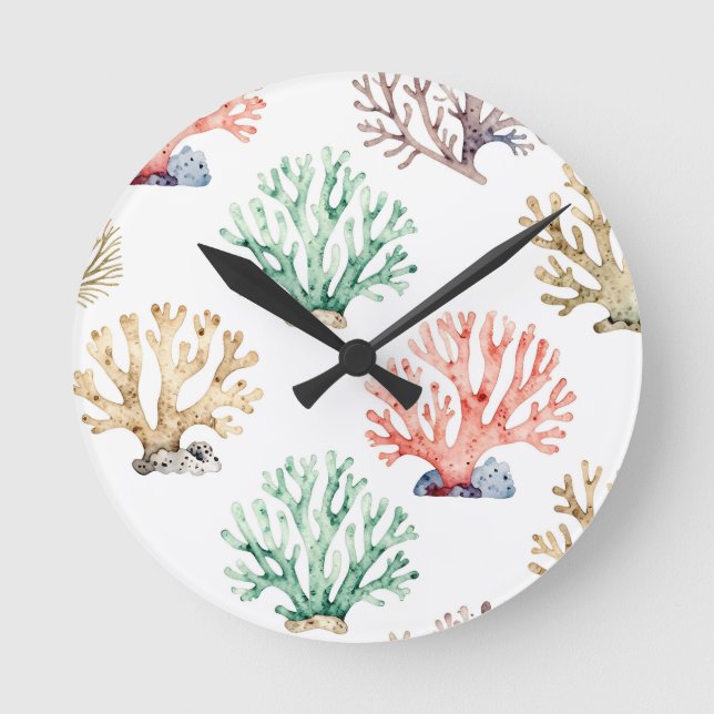 Watercolor Coral Reef Pattern Round Clock (Front)