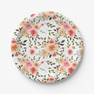 Watercolor Coral Rose Floral Pattern Paper Plate