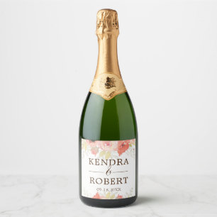 Watercolor Coral Roses & Gold Foliage Wedding Sparkling Wine Label