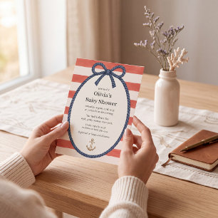 Watercolor Coral Stripe Baby Shower Nautical Invitation