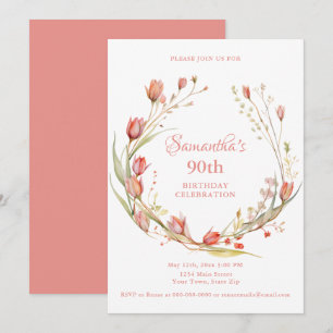 Watercolor Coral Tulips 90th Birthday Party Invitation