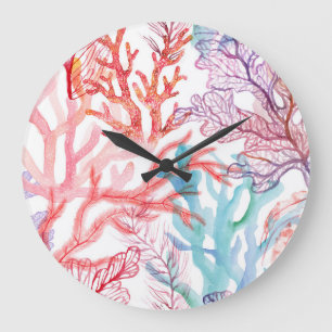 Watercolor corals: underwater world pattern. large clock