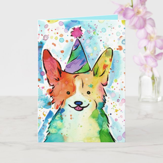 Watercolor Corgi Birthday Card (Orchid)