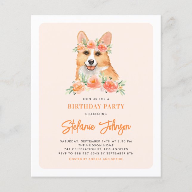 Watercolor Corgi Peach Birthday Party Invitation (Front)