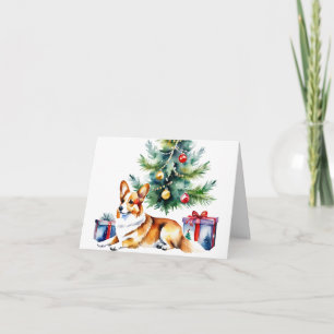 Watercolor Corgi with Christmas Tree Holiday Card