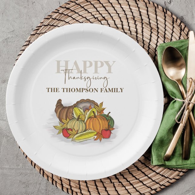 Watercolor Cornucopia Thanksgiving Custom Paper Plate (Happy Thanksgiving custom cornucopia paper plate with harvested vegetables. )