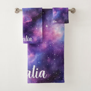 Watercolor Cosmic Blue Purple Galaxy Nebula Bath Towel Set