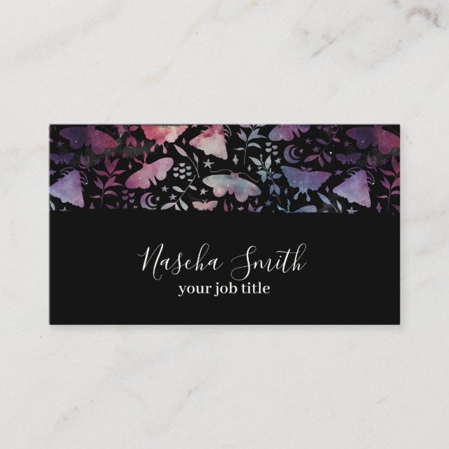 Watercolor Cosmic Moths Confetti Modern Business Card (Front)