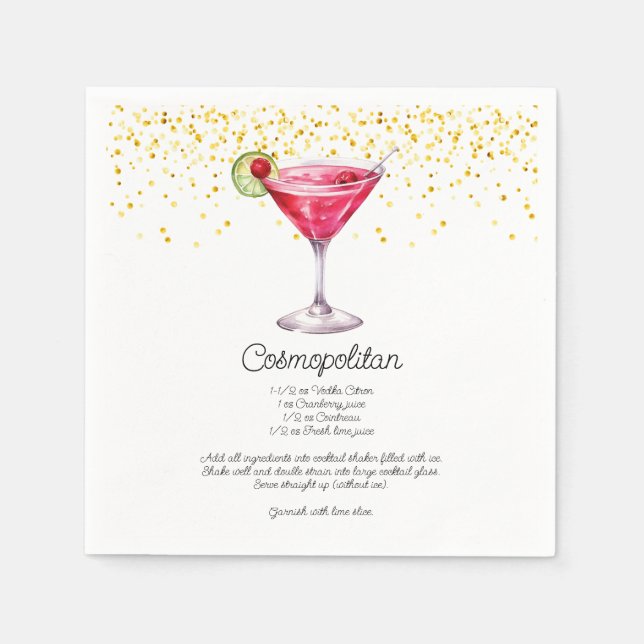 Watercolor Cosmopolitan Custom Cocktail Recipe Napkin (Front)