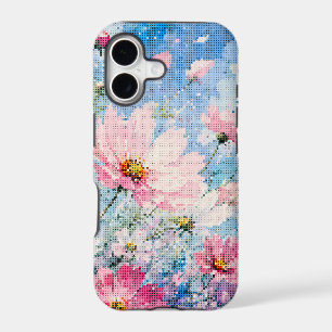Watercolor Cosmos Blossoms in Geometric Style
