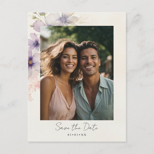 watercolor cosmos flowers photo save the date postcard (Front)