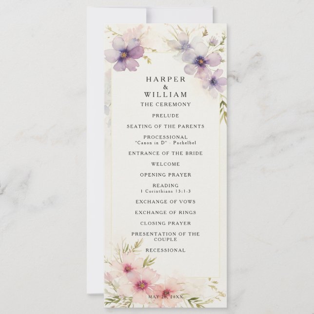 Watercolor cosmos flowers wedding program invitation (Front)