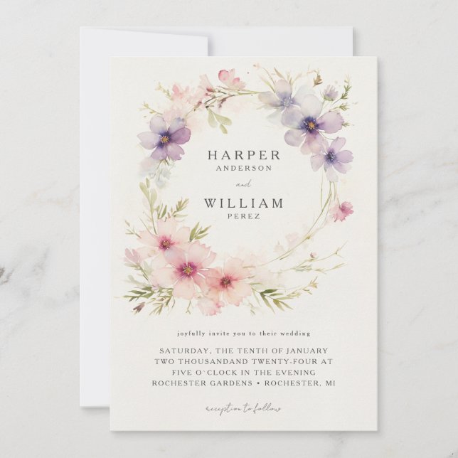Watercolor cosmos flowers wreath wedding invitation (Front)