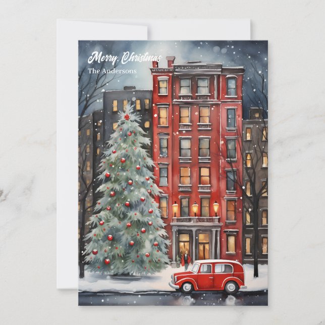 Watercolor cosy festive Christmas city tree Holiday Card (Front)