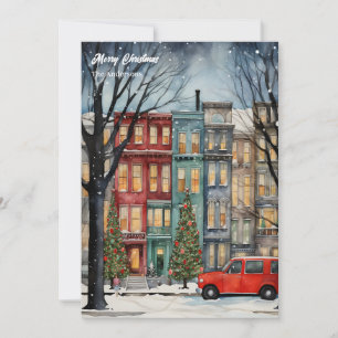 Watercolor cosy festive Christmas city tree Holiday Card