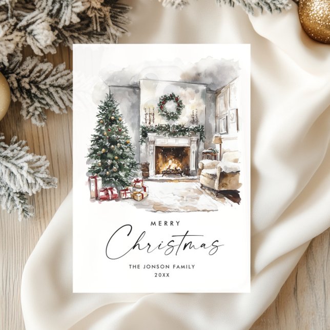 Watercolor Cosy Home Christmas Tree Holiday Card (Creator Uploaded)