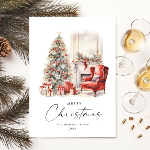 Watercolor Cosy Home Christmas Tree Holiday Card