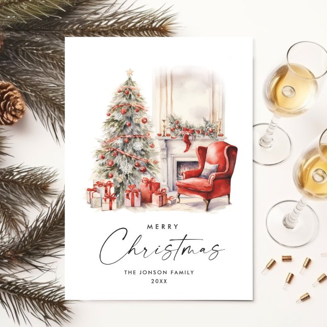 Watercolor Cosy Home Christmas Tree Holiday Card (Creator Uploaded)