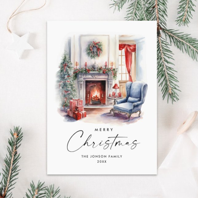 Watercolor Cosy Home Christmas Tree Holiday Card (Creator Uploaded)