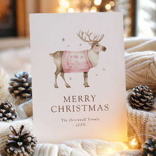Watercolor Cosy Reindeer Pink Sweater Holiday Card