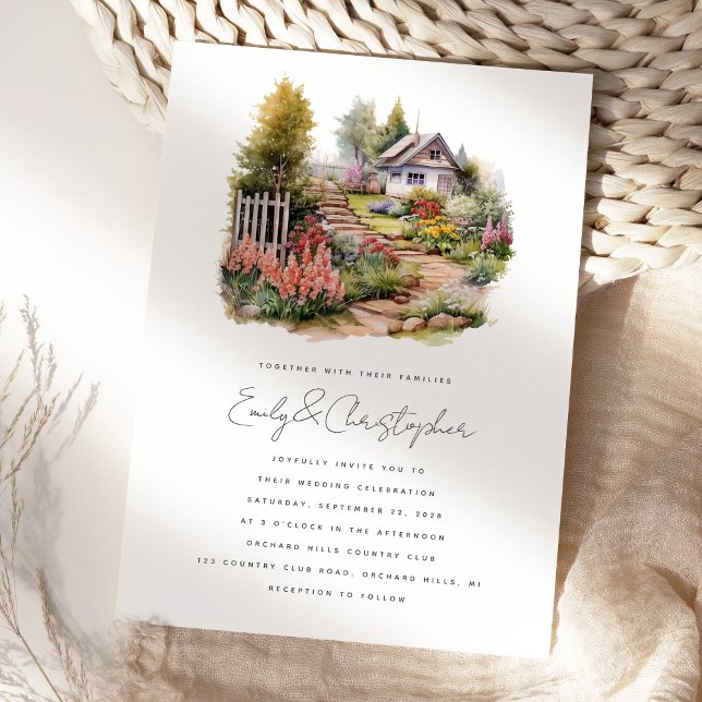 Watercolor Cosy Spring Garden Landscape Wedding Invitation (Creator Uploaded)