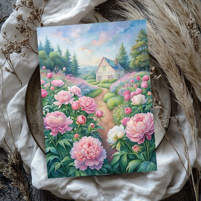 Watercolor cosy white house pink peonies garden tissue paper (Watercolor cozy white house pink peonies garden tissue paper)