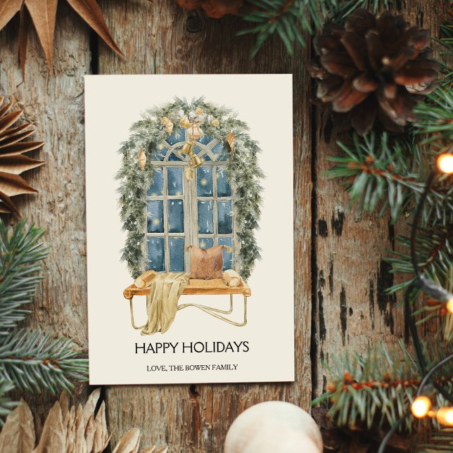 Watercolor Cosy Window Christmas Flat  Holiday Card (Creator Uploaded)