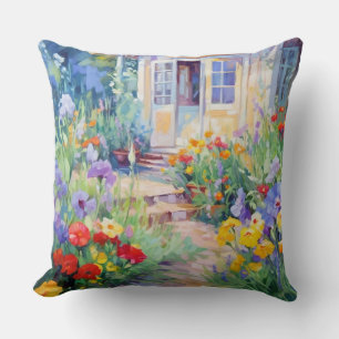 Watercolor Cottage Garden Filled with Flowers Cushion