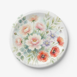 Watercolor Cottage Garden Wildflower Bouquet Paper Plate
