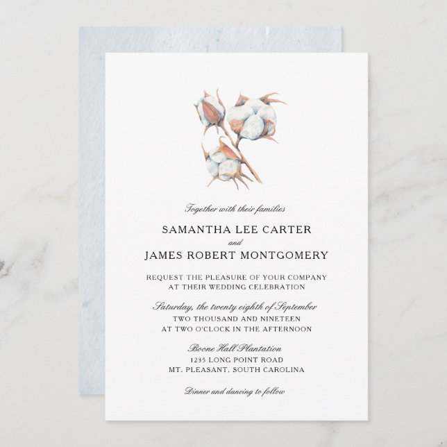 Watercolor Cotton Boll Plant  | Wedding Invitation (Front/Back)