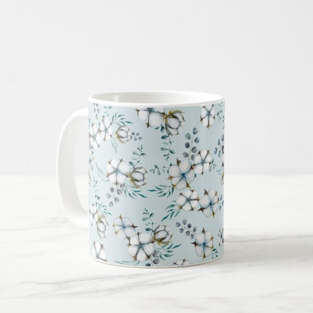 Watercolor Cotton Flowers and Eucalyptus Coffee Mug (Front Left)