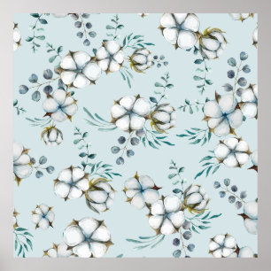 Watercolor Cotton Flowers and Eucalyptus Poster